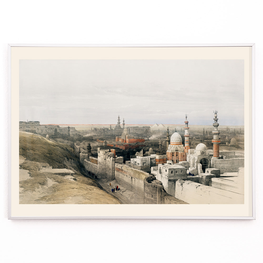 Closeup detail of Panoramic cityscape of Cairo with mosques historic architecture and city walls looking west artwork by David Roberts