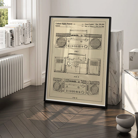Portable combined cassette player technical drawing and poster illustrations by Sujanani United States Patent detailed technical drawings, framed and displayed in home decor