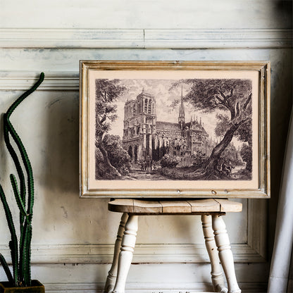 Artistic poster of Notre Dame de Paris cathedral surrounded by trees and people in a scenic landscape, framed and displayed in home decor