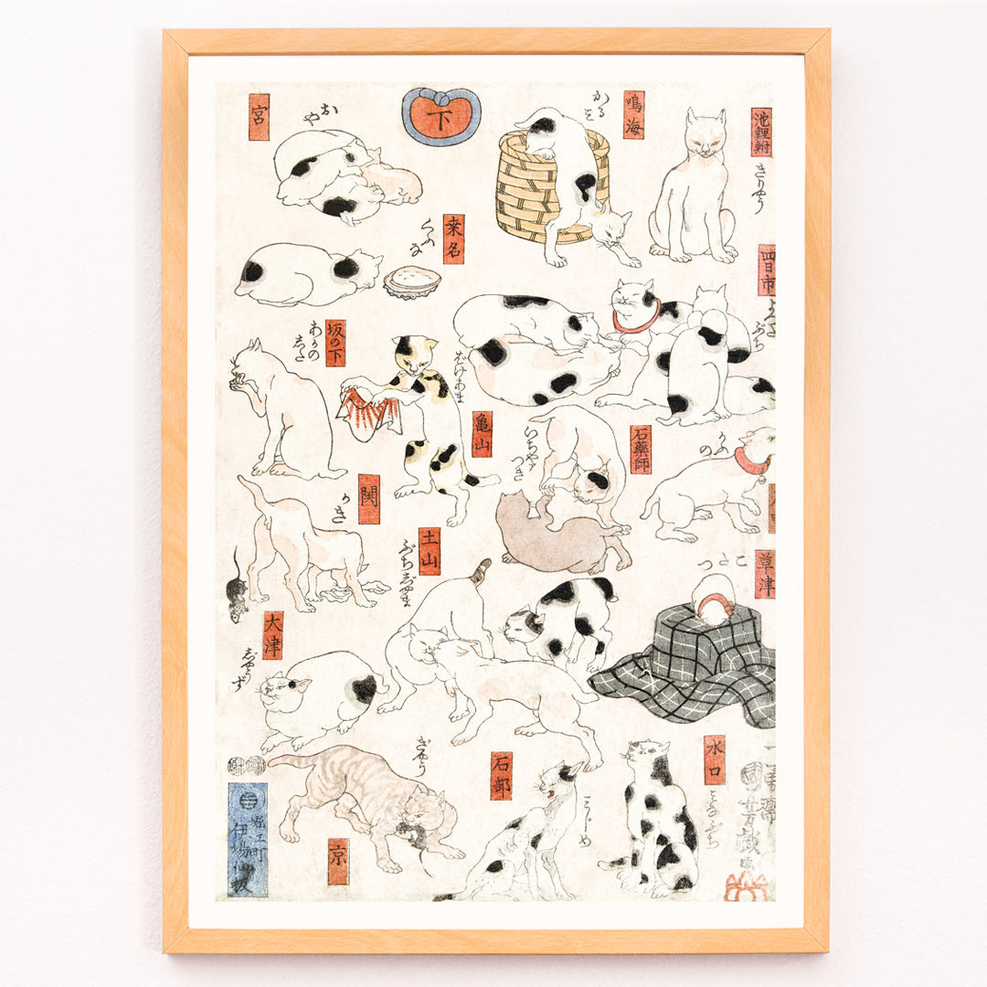 Closeup detail of Playful and resting cats in traditional Japanese ukiyo-e art by Utagawa Kuniyoshi featuring multiple cats in various poses with Japanese elements