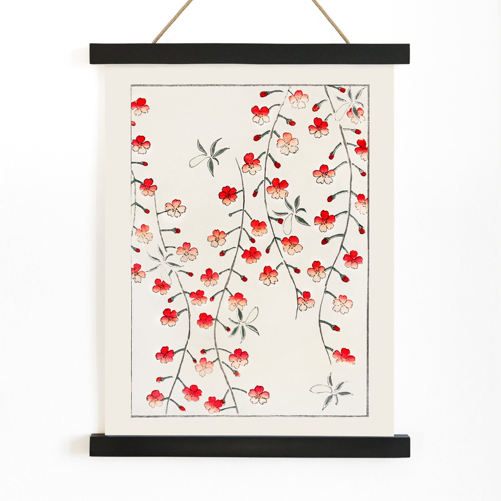 Cherry blossom branches and red flowers artwork by Watanabe Seitei from Bijutsu Sekai Japanese poster illustration, with wooden magnetic frame on white background