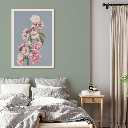 Pink cherry blossom art print by Ogawa Kazumasa delicate flowers on branch poster on grey background, framed and displayed in home decor