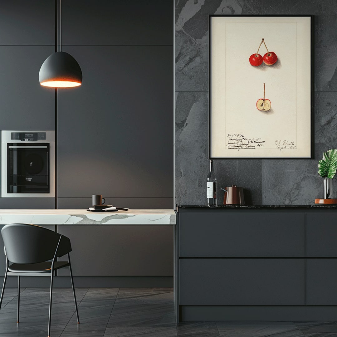 Watercolor illustration by Ellen Isham Schutt of Malus Cherry Crab showing two whole cherries and one halved cherry poster, framed and displayed in home decor