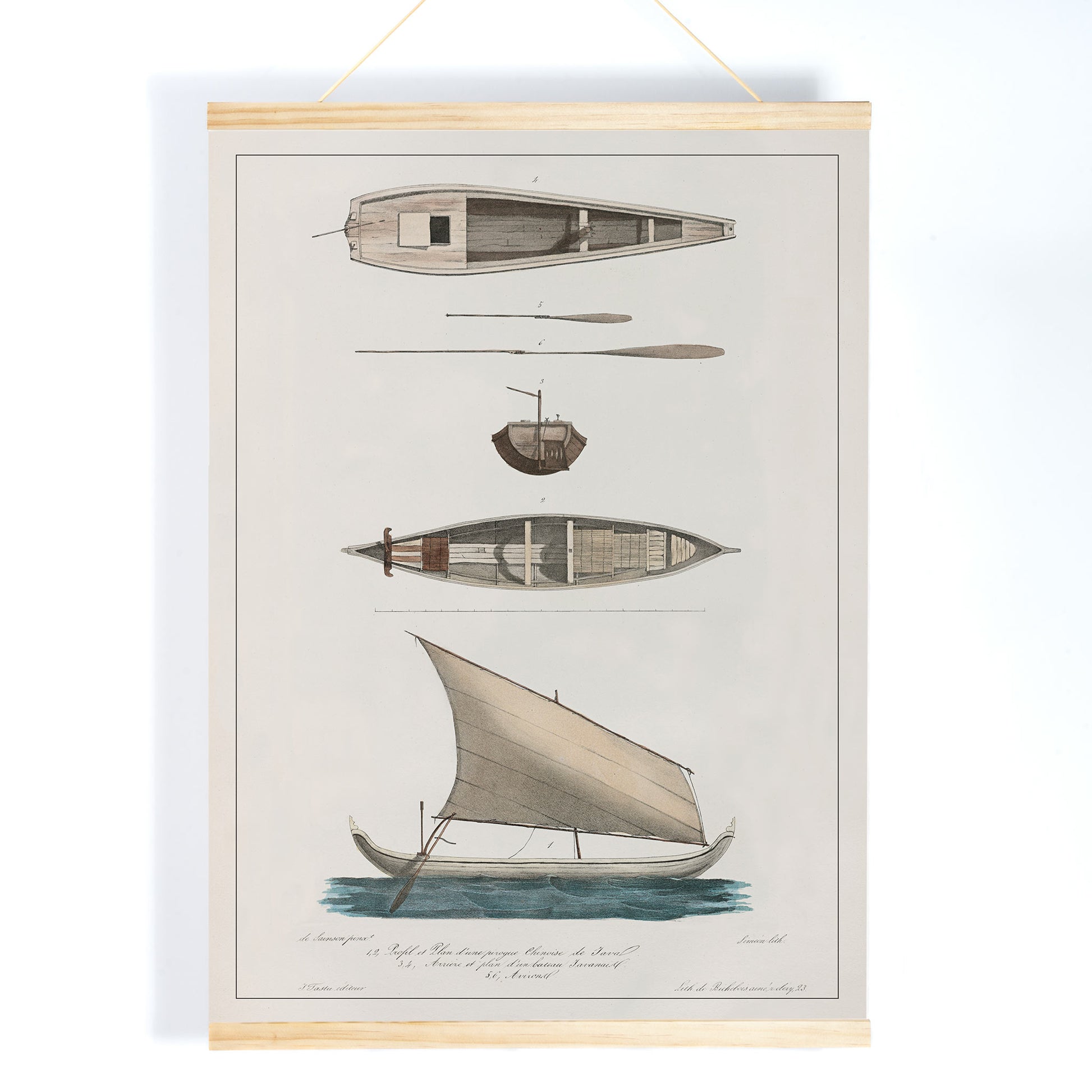 Poster of J. Tastu Chinese and Javanese boat studies with two boats and sailing vessel in beige blue and grey tones, with wooden magnetic frame on white background