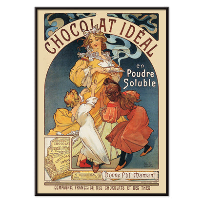 Vintage Art Nouveau poster Chocolat Ideal by Alphonse Mucha showing a woman serving hot chocolate to joyful children, with black aluminium frame on white background