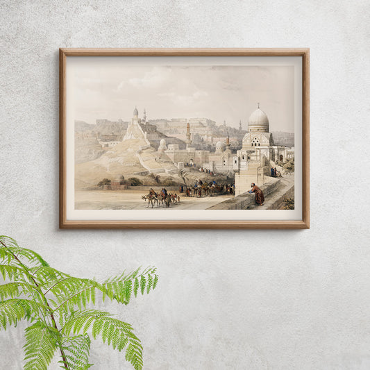 Historic view and poster of the Citadel of Cairo residence of Mehemet Ali with people camels and historical architecture by artist David Roberts, framed and displayed in home decor