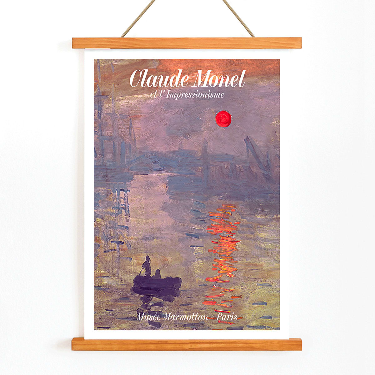 Claude Monet Soleil Levan exhibition poster vibrant impressionist artwork with red sun over water, with wooden magnetic frame on white background