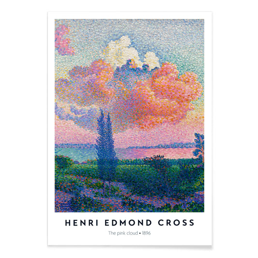 Colorful landscape poster with a vivid pink cloud by Henri Edmond Cross titled The Pink Cloud, with black aluminium frame on white background