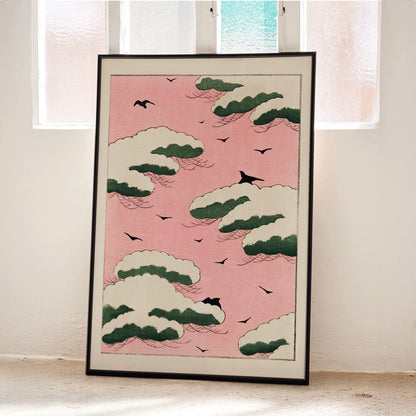 Pink sky with green clouds and black birds by Watanabe Seitei from Bijutsu Sekai Kacho-ga style poster, framed and displayed in modern living room decor