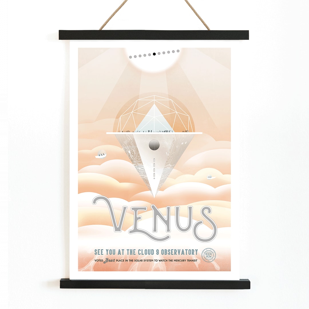 Futuristic observatory floating above orange Venus clouds artwork by NASA titled Venus Cloud 9 Observatory poster, with wooden magnetic frame on white background