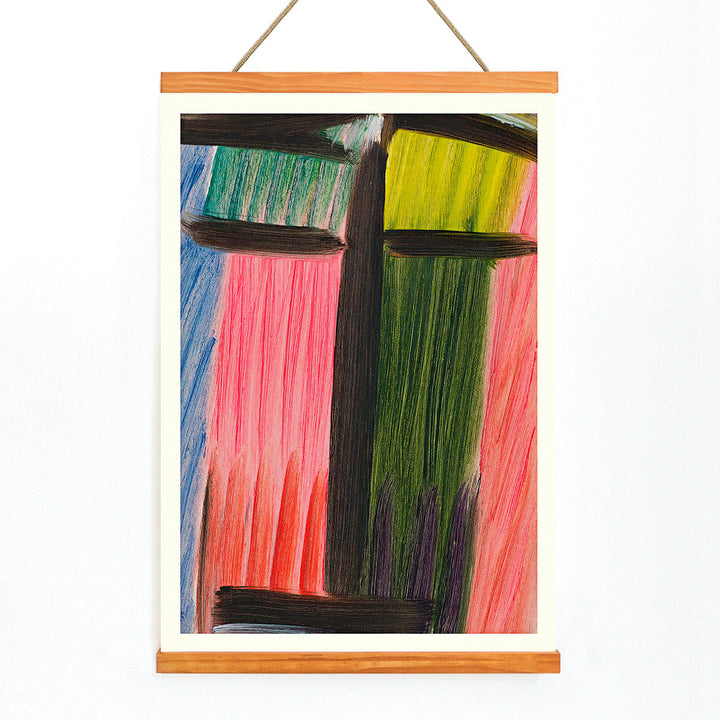 Abstract painting in bold colors with vertical and horizontal brushstrokes titled Meditation by Alexej von Jawlensky, with wooden magnetic frame on white background