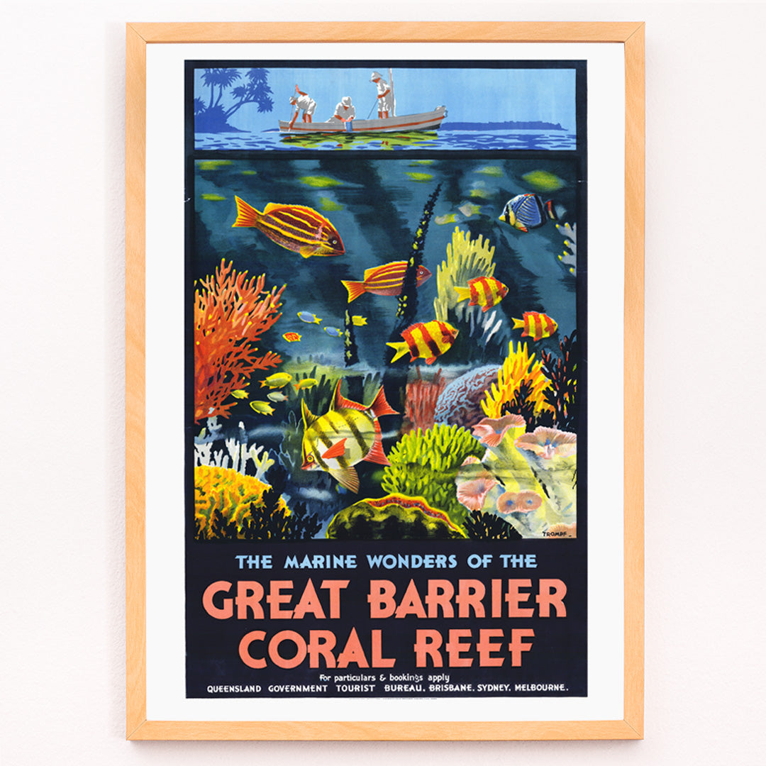 Closeup detail of Colorful coral reef and tropical fish with people in a boat above artwork The Marine Wonders of the Great Barrier Coral Reef by Percival Albert Trompf