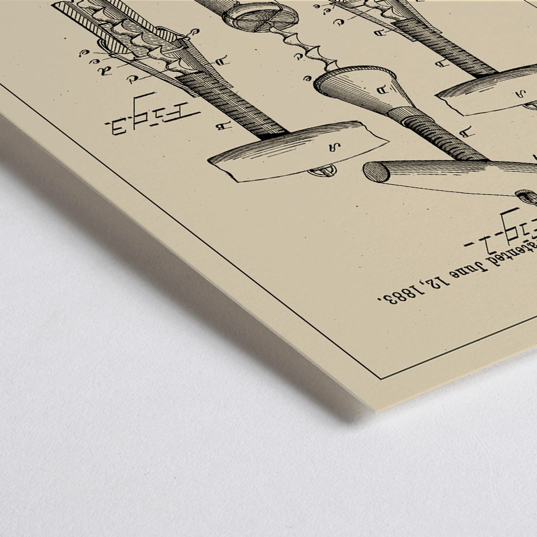Closeup detail of Corkscrew Patent by TM Strait technical drawing and signature poster featuring detailed diagrams and specifications of corkscrew invention