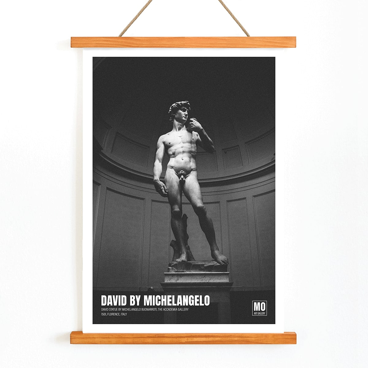 Michelangelo Buonarroti David sculpture and poster at Mo Art Gallery Florence, with wooden magnetic frame on white background