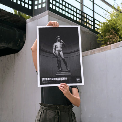 Michelangelo Buonarroti David sculpture and poster at Mo Art Gallery Florence, framed and displayed in modern living room decor