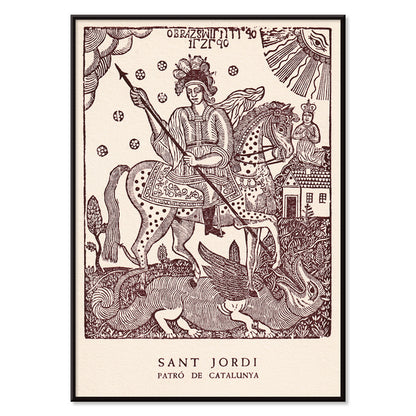 Sant Jordi slaying a dragon on horseback medieval artwork and poster knight with spear Patro de Catalunya, with black aluminium frame on white background