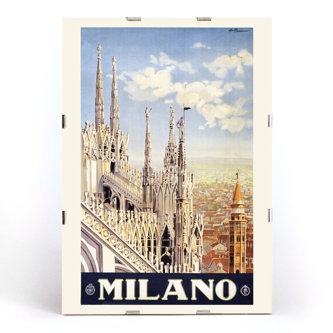 Milano cityscape and Duomo di Milano skyline illustrated by Allessandro Pomi in classic style artwork poster, framed and displayed in modern living room decor