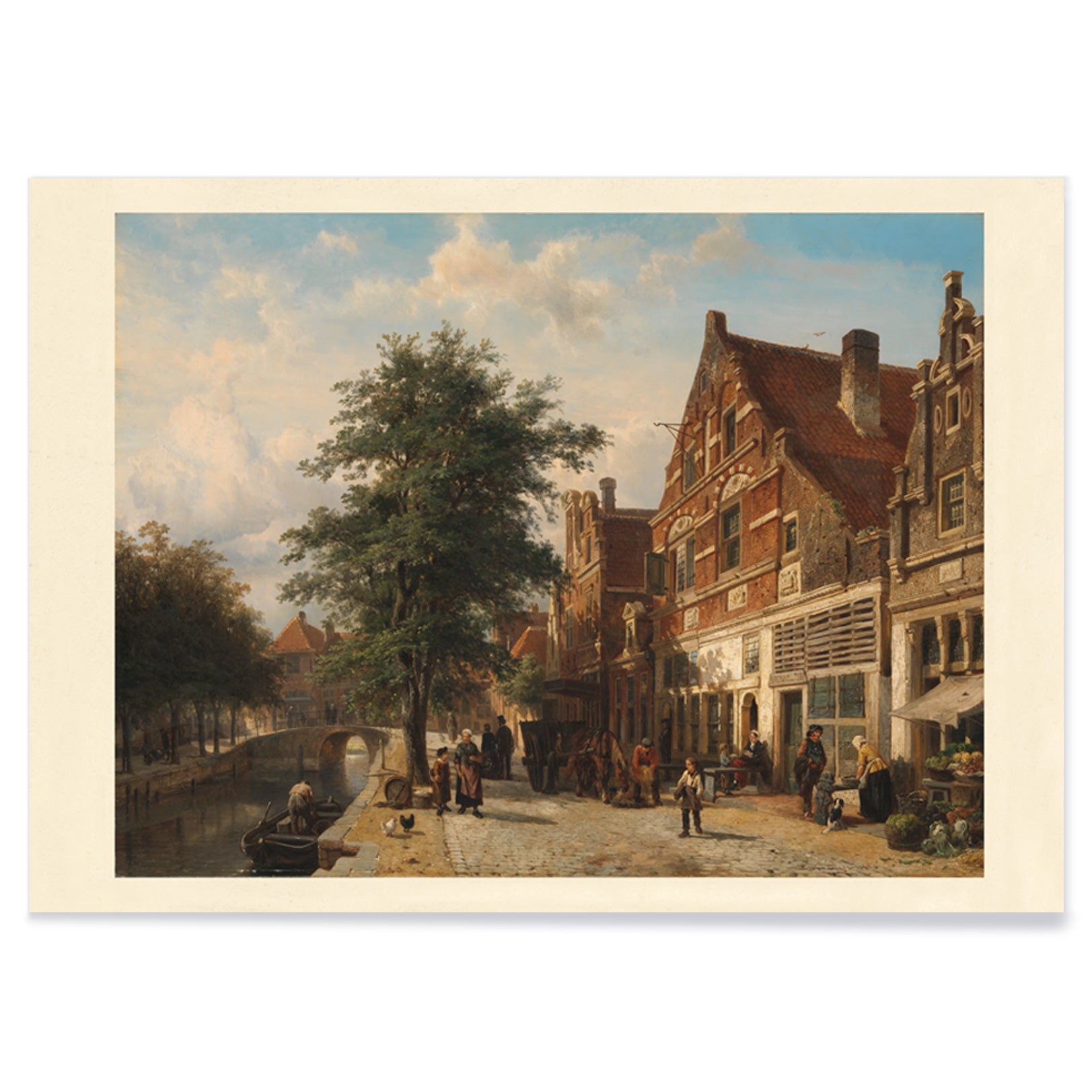 Town View by Cornelis Springer Dutch canal street scene with people horse cart trees and cityscape poster ideal for wall decor, with black aluminium frame on white background