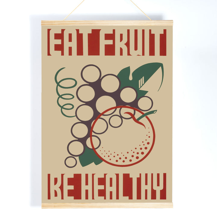 Work Projects Administration Eat Fruit Be Healthy poster with bold red type and stylized fruit, with wooden magnetic frame on white background