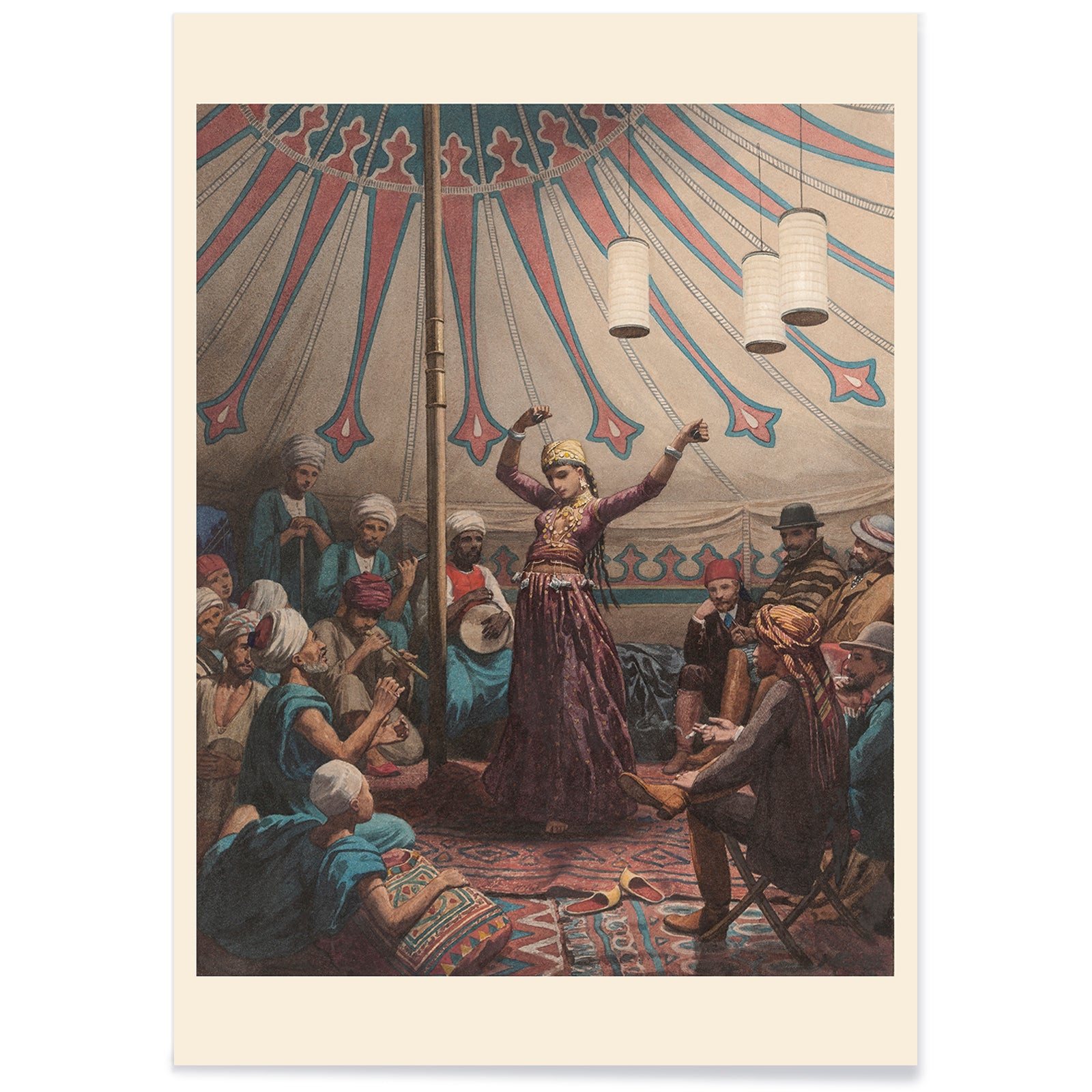 Egyptian dancer performing in a tent with musicians and spectators poster artwork by Willem de Famars Testas, with black aluminium frame on white background