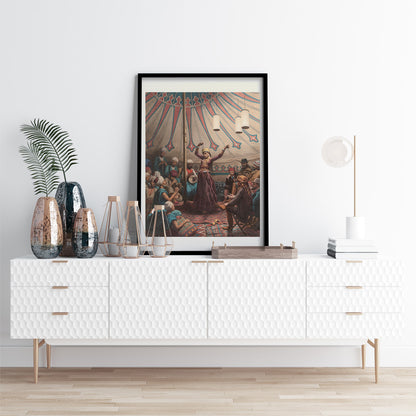 Egyptian dancer performing in a tent with musicians and spectators poster artwork by Willem de Famars Testas, framed and displayed in home decor