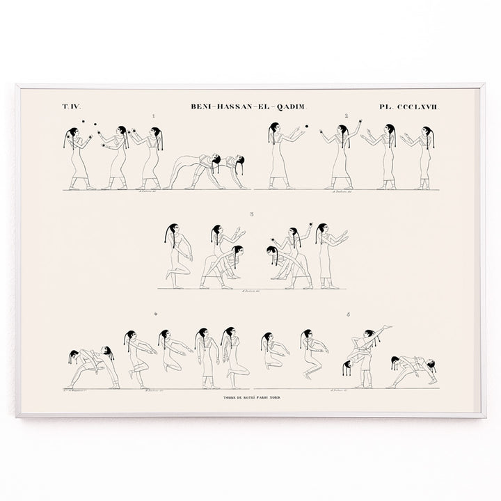 Closeup detail of Ancient Egyptian wrestling scene and poster with line drawings from Tomb of Rotei north wall by Jean Francois Champollion