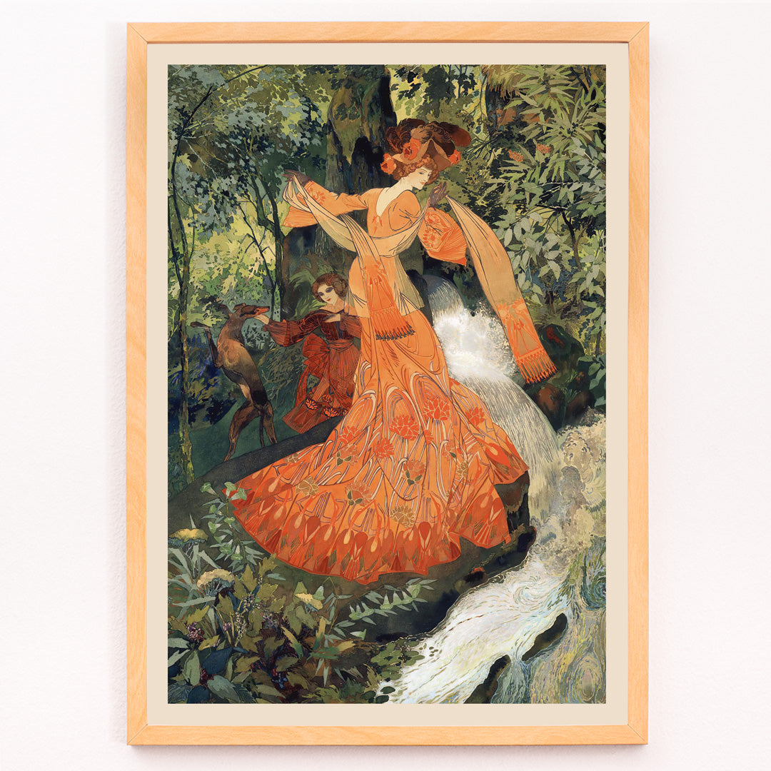 Closeup detail of Elegant woman in ornate orange dress by a stream in lush forest featured in Elegante Pres D une Source by Georges de Feure art poster