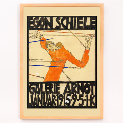 Closeup detail of Expressionist poster by Egon Schiele featuring a contorted orange figure with bold black text Schiele-Ausstellung in der Galerie Arnot