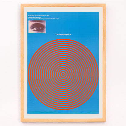 Closeup detail of Op art poster with blue and red concentric circles and eye detail from The Responsive Eye by Patrick Blackwell