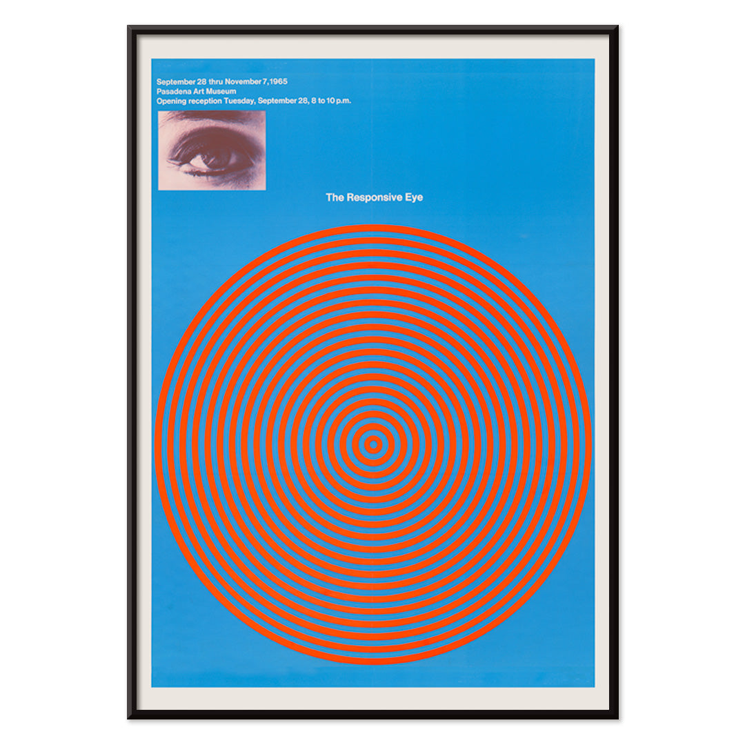 Op art poster with blue and red concentric circles and eye detail from The Responsive Eye by Patrick Blackwell, with black aluminium frame on white background