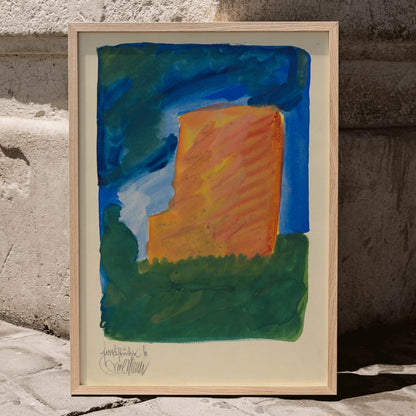 Abstract painting with vibrant blue and orange hues by Karl Wiener titled Farbstudien 10 Blätter VI poster, framed and displayed in modern living room decor