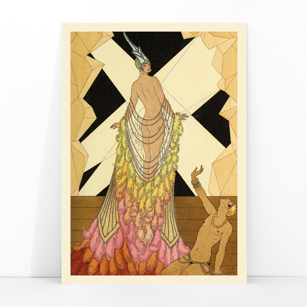 Art deco illustration and poster of elegant woman in feathered gown with kneeling figure inspired by Falbalas et fanfreluches by George Barbier, framed and displayed in modern living room decor