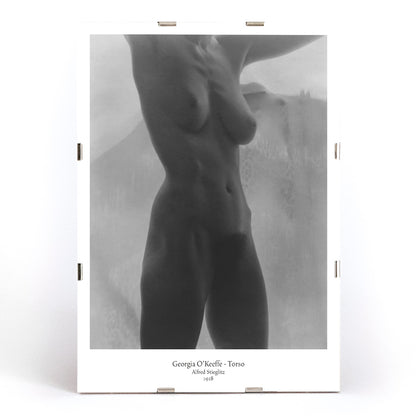 Black and white artistic nude torso photograph of Georgia O Keeffe titled Torso by Alfred Stieglitz poster, framed and displayed in modern living room decor