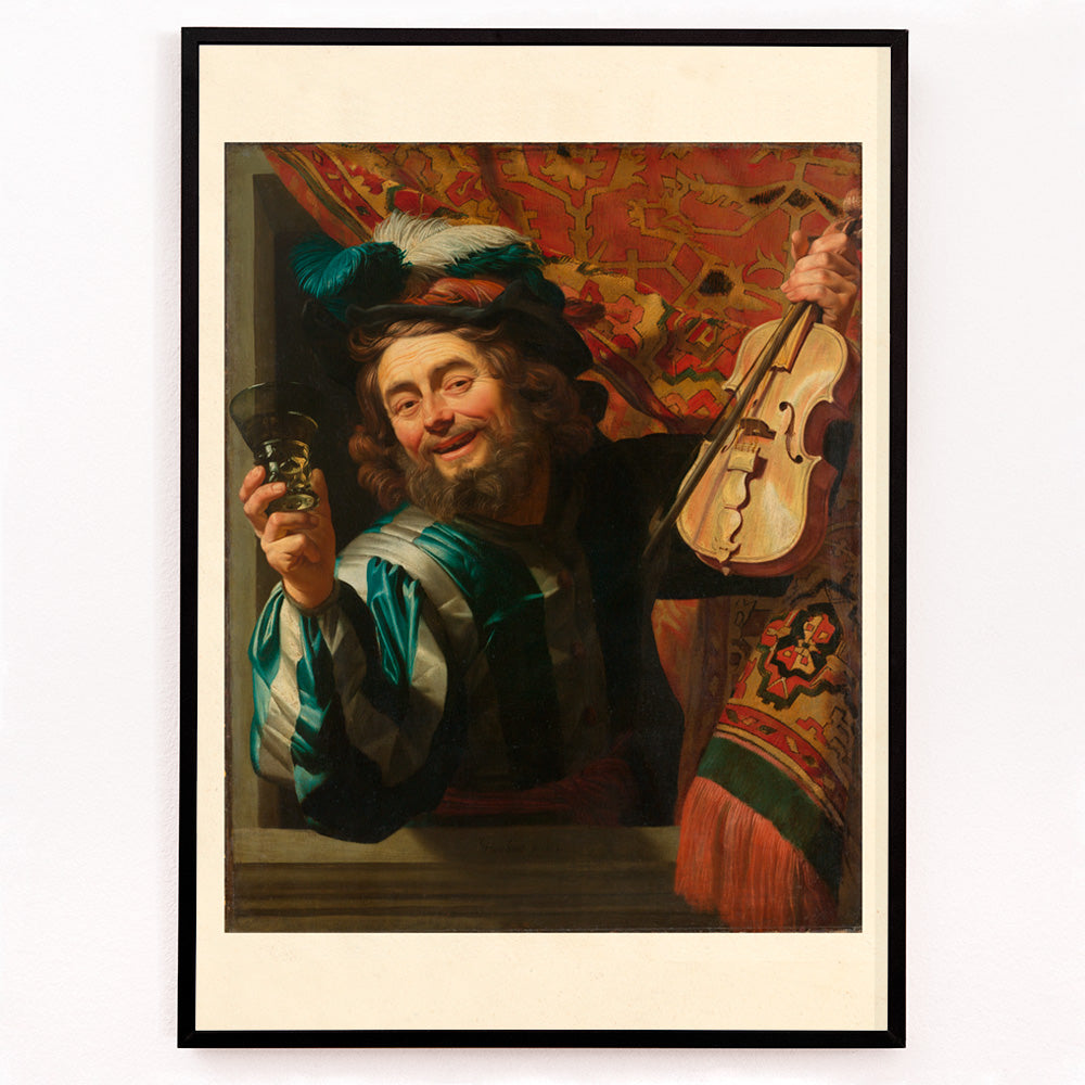 Closeup detail of Poster of Gerard van Honthorst The Merry Fiddler cheerful man holding violin and glass by window inspired artwork