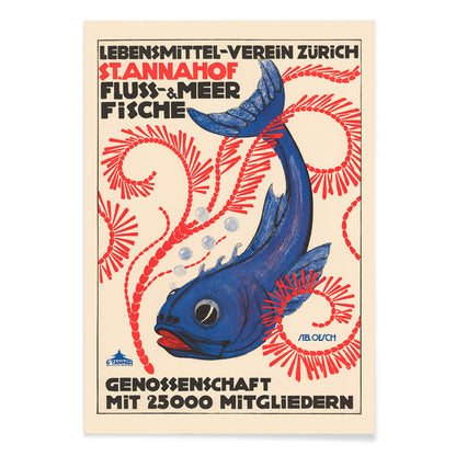 Colorful fish poster with bubbles red seaweed and blue fish with red swirls bold text Food Association Zurich river and sea fish by Sebastian Oesch, with black aluminium frame on white background