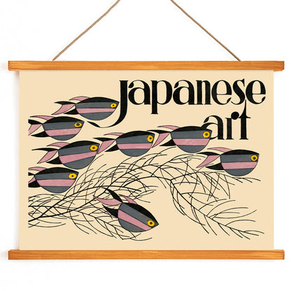 Japanese Art by Julius Klinger colorful fish and seaweed poster with text illustration, with wooden magnetic frame on white background