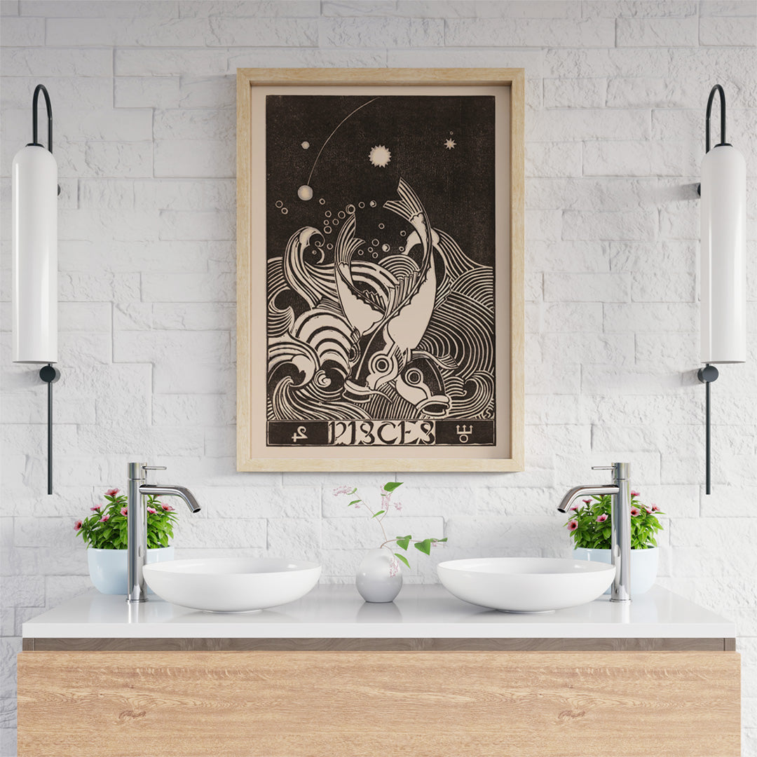 Black and white Pisces zodiac sign illustration with two stylized fish swimming among swirling waves artwork by Henri van der Stok, framed and displayed in home decor