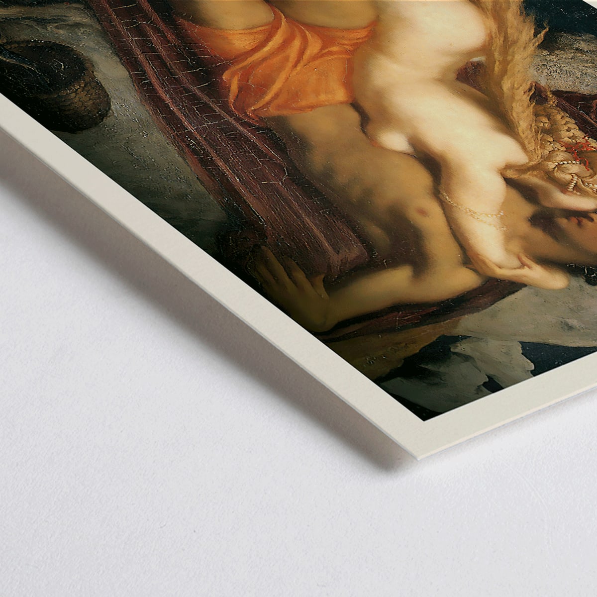 Closeup detail of The Fisherman And The Syren by Frederic Leighton poster showing a fisherman embraced by a mermaid in a mythological scene
