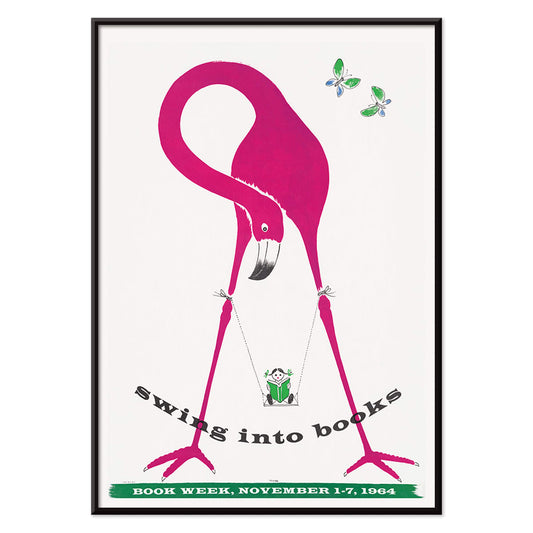 Pink flamingo holding a swinging book with butterflies and a monkey art poster titled Swing into Books, with black aluminium frame on white background