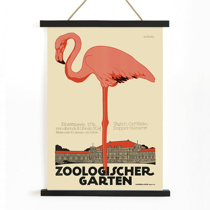Poster of Zoologischer Garten by Julius Klinger with a pink flamingo and zoo building facade illustration, with wooden magnetic frame on white background