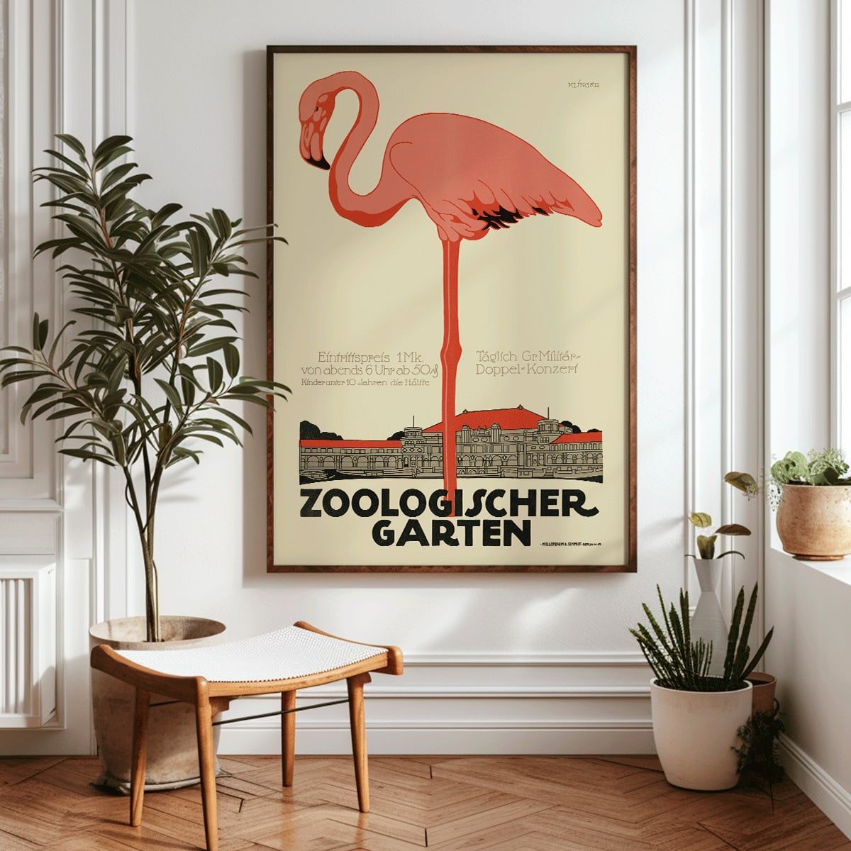 Poster of Zoologischer Garten by Julius Klinger with a pink flamingo and zoo building facade illustration, framed and displayed in modern living room decor
