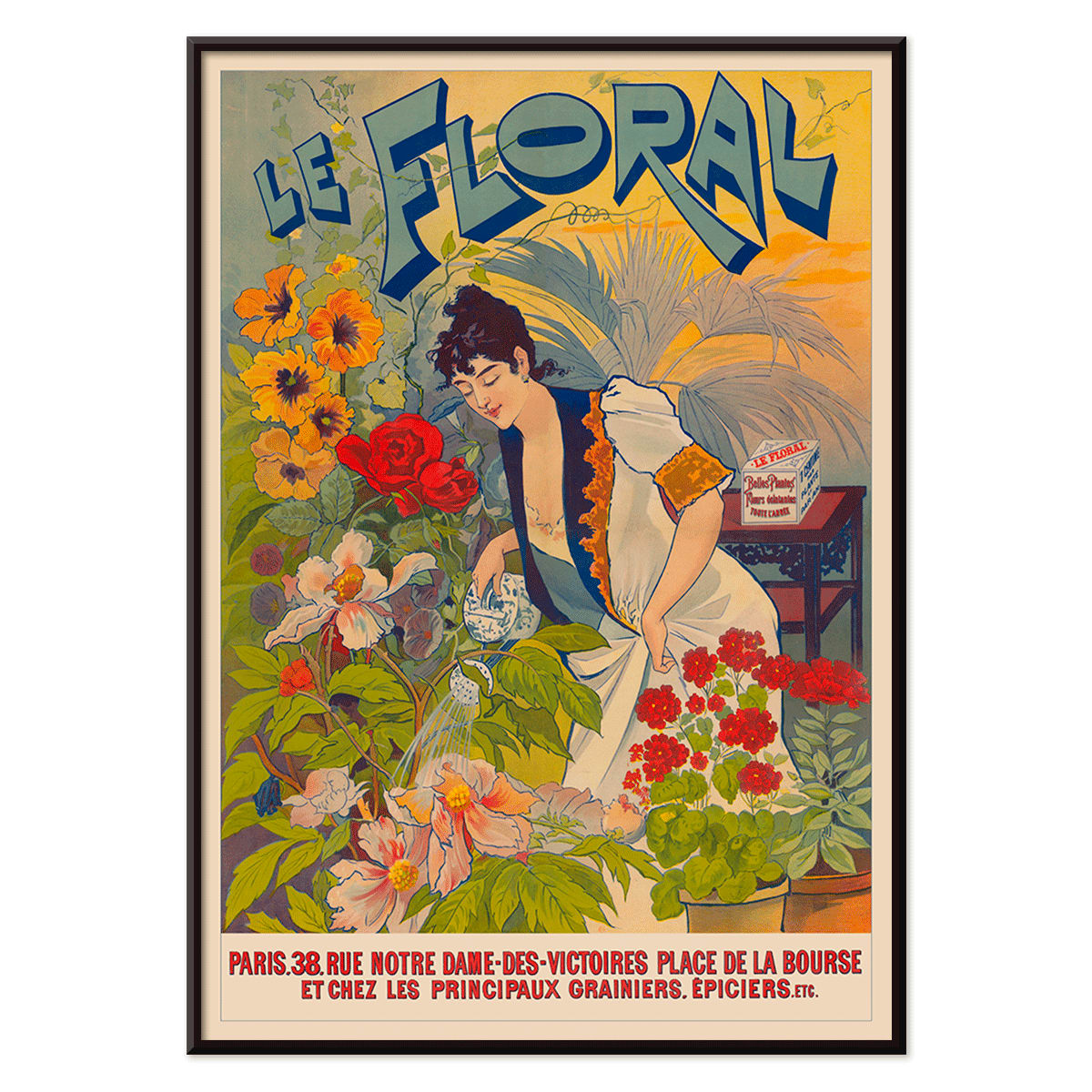 Le Floral poster featuring a woman tending and watering vibrant colorful flowers with bold Le Floral text in the background, with black aluminium frame on white background