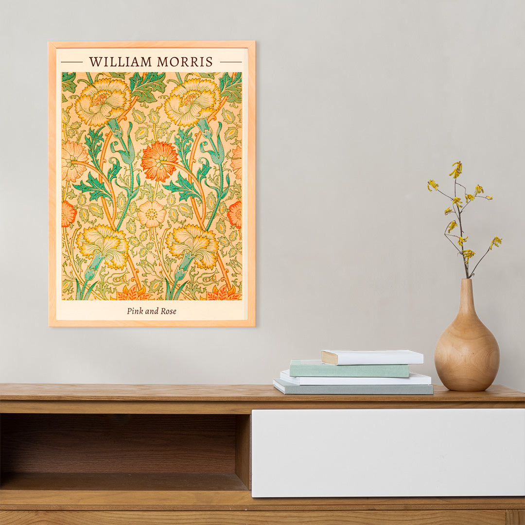 Floral pattern artwork Pink and Rose by William Morris with intricate botanical design decorative leaves and detailed flowers poster, framed and displayed in home decor