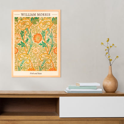 Floral pattern artwork Pink and Rose by William Morris with intricate botanical design decorative leaves and detailed flowers poster, framed and displayed in home decor