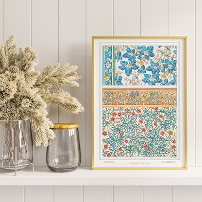 Decorative wild geranium botanical artwork and floral pattern poster by Maurice Pillard Verneuil from La Plante et ses Applications ornementales, framed and displayed in home decor