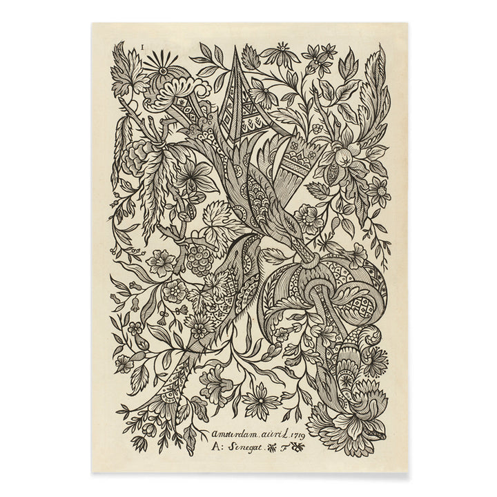 Intricate black and white floral textile pattern artwork poster by Alexander Senegat, with black aluminium frame on white background