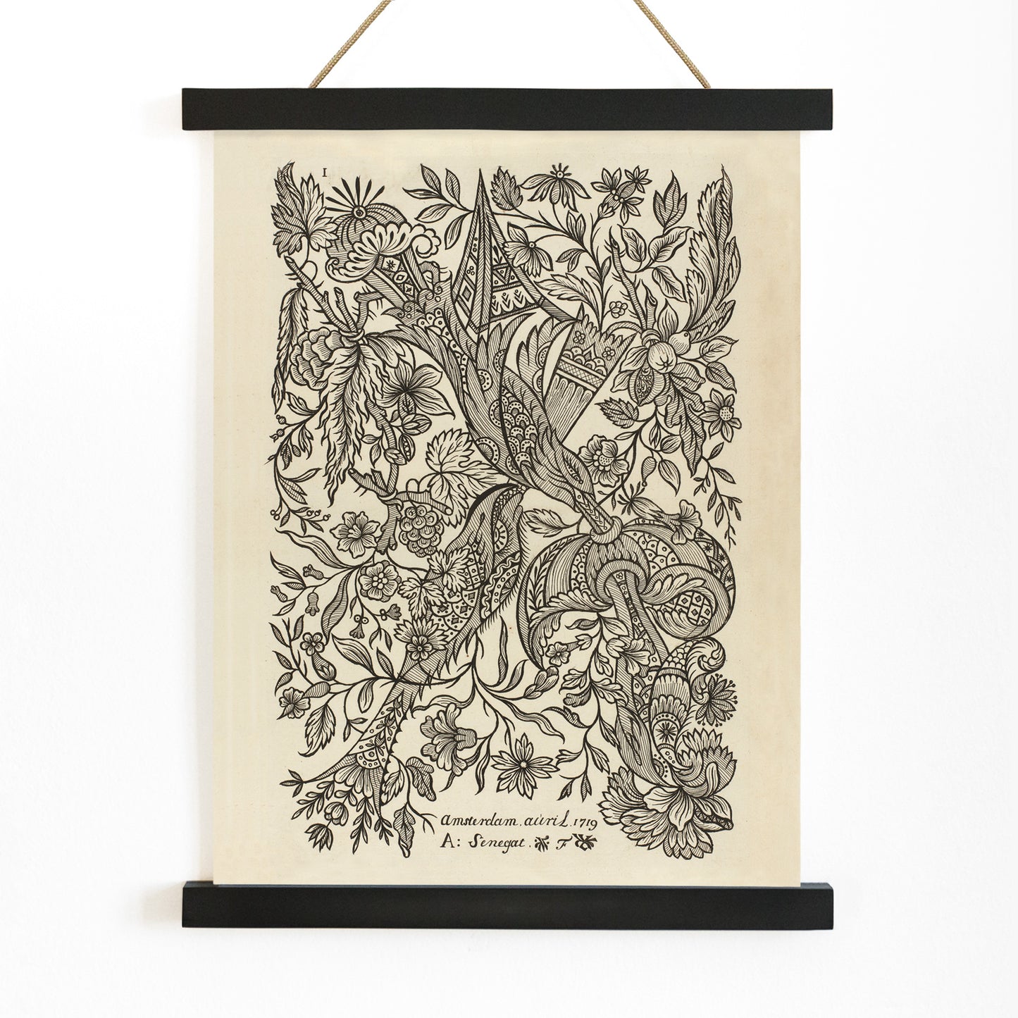 Intricate black and white floral textile pattern artwork poster by Alexander Senegat, with wooden magnetic frame on white background