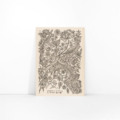 Floral textile pattern and botanical line art poster with intricate flowers by Alexander Senegat Design for textiles Flowers, framed and displayed in modern living room decor