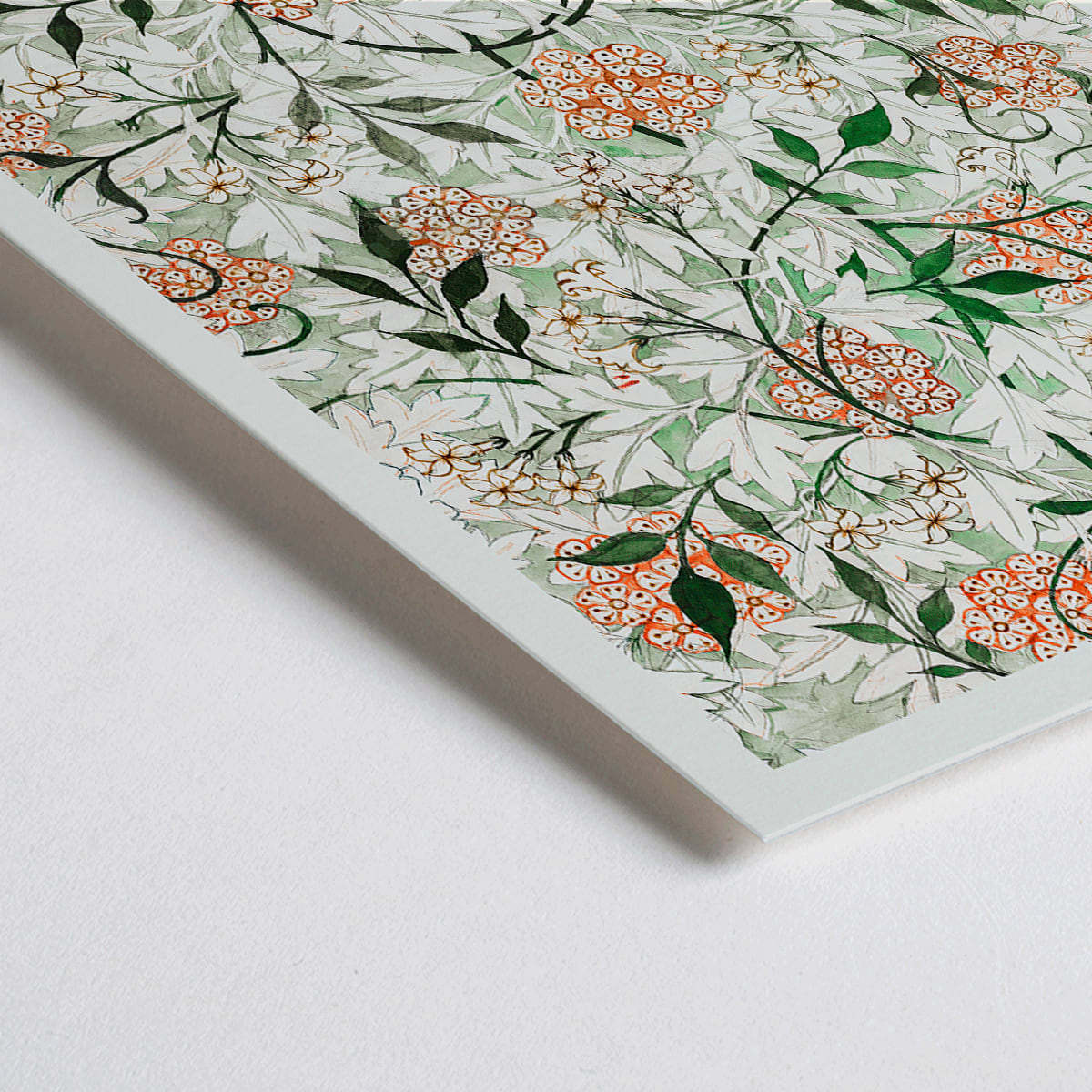 Closeup detail of Floral botanical pattern of jasmine flowers and green orange leaves by William Morris artwork poster