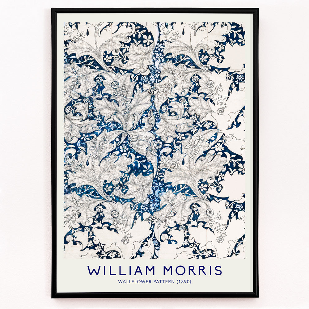 Closeup detail of Wallflower Pattern by William Morris featuring intricate blue and white floral botanical design with decorative leaves artwork poster